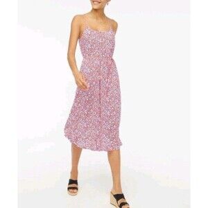 J. Crew Ruffle Midi Curved Hem Dress Red Blue Floral Strappy BI399 Size 14
